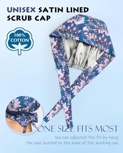 Image of 2 Pcs Satin Lined Scrub Cap Nurse Hats for Women Men 4 Buttons