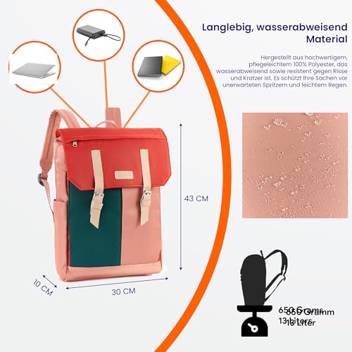 RANZN® – Amsterdam – Premium Schulrucksack, wasserabweisende Schultasche, Tagesrucksack mit Laptopfach für 15 Zoll Notebook, verstellbare Trageriemen, Rot-Grün-Rosa