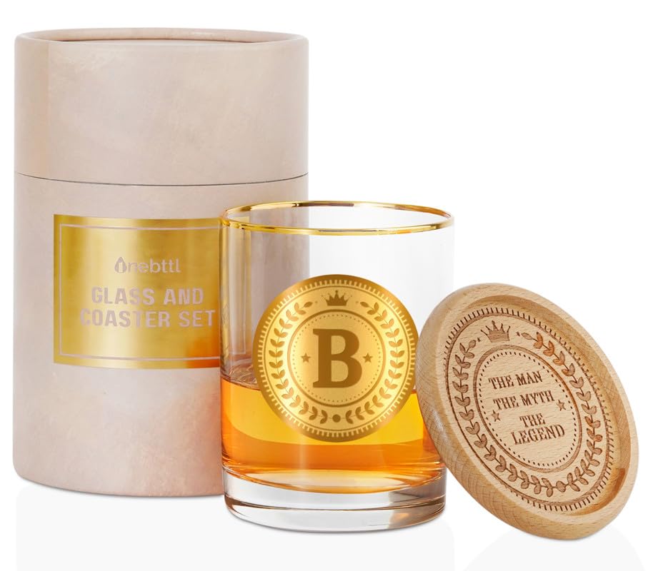 Personalized Whiskey Glass with Coaster for Men, Custom Alcohol Gifts for Whiskey Lovers, Unique Birthday, Christmas Gifts for Him, Dad, Uncle, B