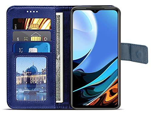 Image of Inside Rubber TPU with Card Pockets Magnetic Closure Protection Compatible with Xiaomi Redmi 9 Power (Blue)