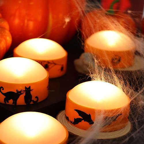 Image of 6 Halloween Battery LED Jack-O-Lantern Pumpkin Lights with Remote Decals | CANDLE CHOICE Battery Operated Flameless Candles with Remote and Timer for Halloween Pumpkin Decoration Orange Color 6 Pack