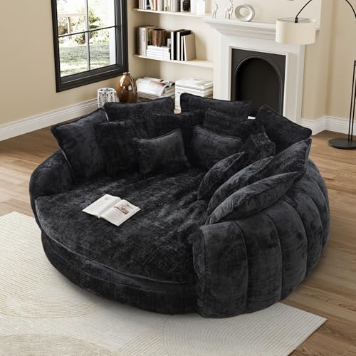 Image of 81 inch Round Sofa Bed Big Bean Bag Round Chaise Lounge Oversized Round Couch Boneless Reading Chair Plush Fluffy Chenille Large Chaise Chair for Living Room, Bedroom, Apartment, Black