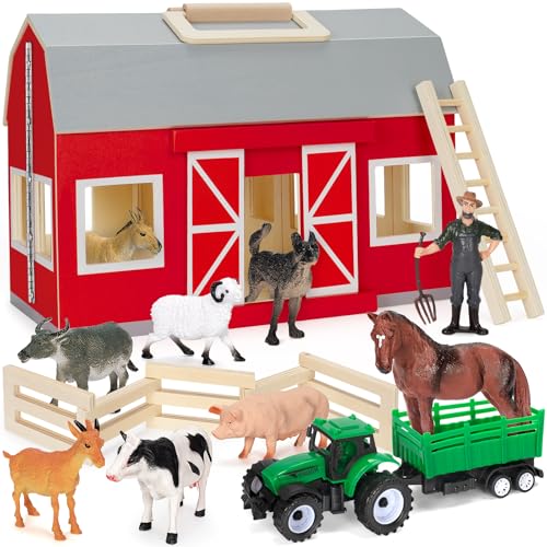 YEEBAY Farm Animals Toys for 3+ Year Old Kids Toddlers Girls Boys Large Wooden Barn with Animal Play Figures Farm Playset Educational Learning Toys Ideal Christmas Birthday Gifts
