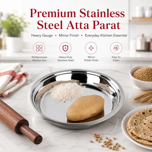 Image of Ajay's Shoppe Stainless Steel Atta Kneading Paraat 2.4 L | 32.5 CM Heavy Gauge Parat for Dough Kneading & Mixing | Mirror Finish