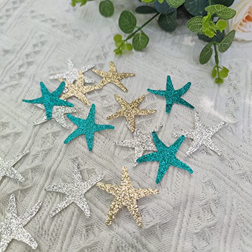Mybbshower Glitter Paper Starfish Confetti For Birthday Party Table Scatter Beach Theme Party Wedding Decorations Diy Crafts Pack Of 150 (Teal Gold Silver) #TOP7