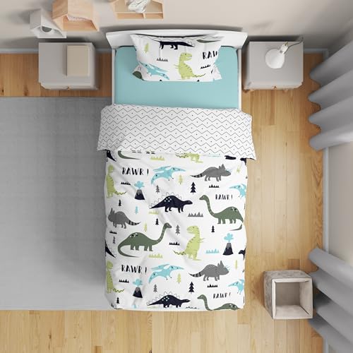 Image of Sweet Jojo Designs Navy Blue and Green Modern Dinosaur Boys or Girls 5 Piece Toddler Bedding Comforter Sheet Set