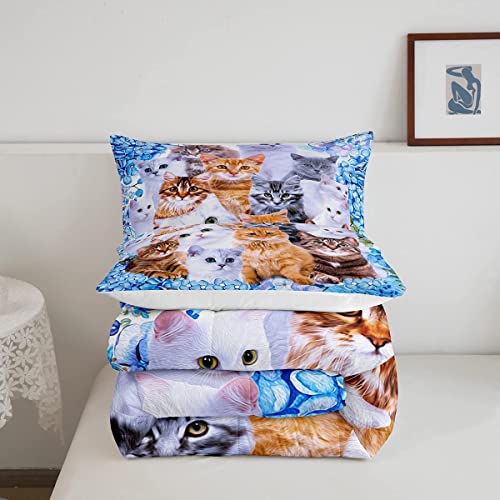 Cat Full Size Comforter Set For Kid Boys Girls,Cartoon Kawaii Animals Toddler Bedding Set For Children Comforter Set Cat Lovers Animal Design Soft Quilt 3Pcs(1Pc Comforter,2Pc Pillowcase) #TOP3