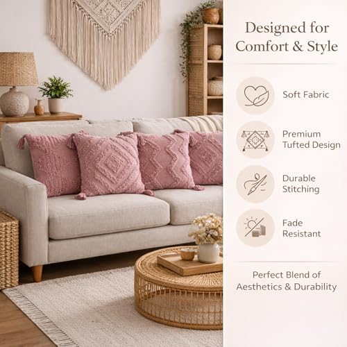 Image of SILK & YANA 16x16 Cotton Cushion Covers Set of 5 | Hand-Tufted Decorative Throw Pillow Covers with Boho, Geometric & Textured Designs | Tassel-Trimmed Covers for Sofa (Blush-Pink)
