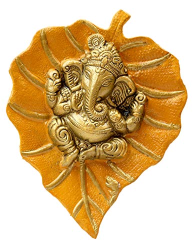 Trendy Crafts Metal Lord Ganesha on Leaf Wall Hanging | Spiritual Hindu Wall Décor Art | Sacred Blessing for Home Entrance, Puja & Office | Durable Metal Craft (Mustard Yellow)
