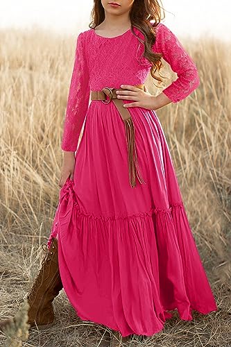 Image of MITILLY Girls Lace Flower Wedding Guest Long Maxi Dress for 6-12 Years | Girls Boho Dress, Girls' Special Occasion Dresses, Wedding Party, Size 6-12 Years, Ruffle Sleeve, A Line, With Pockets