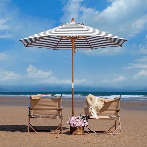 9ft Wysokość Regulowana parasol Patio, Wood Market Parasol z hydrozimem chroniącym przed promieniowaniem UV, 8 Ribs Ventilated Beach Odcień do ogrodu Pool Side, Czarny Biały pasek