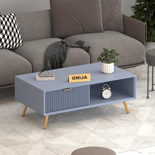 Image of ONIJA Modern Coffee Table for Living Room | HDMR Premium Wood Center Table with Storage Shelf | Matte Finish Coffee Table | Wooden Tea Table with Sturdy Legs (Slate Blue)