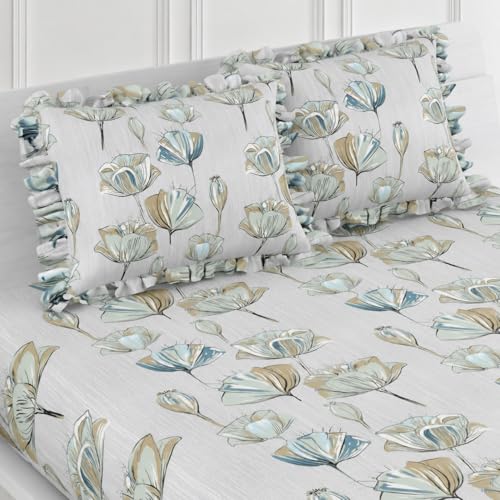 Image of 350 TC Premium Heavy Cotton Feel Elastic Fitted Bedsheet King Size with 2 Frill Pillow Covers King Size || Double Bed with All Around Elastic (Floral White, Fitted - 72 inchx78 inch King)