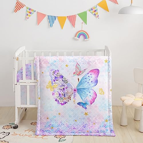 Image of 3pcs Crib Bedding Set with Comforter, Sheet & Skirt, Butterfly Mermaid Scales Printed Nursery Bedding for Baby Boys & Girls (Butterfly Pink)