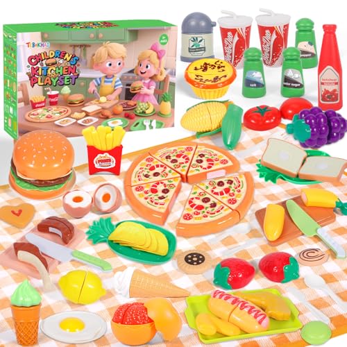 TEBOKHAD Acessórios cozinha brinquedos, jogo de roleplay cozinha brinquedo, cozinha infantil com comida, talheres cesta de piquenique, frutas e legumes brinquedo, presente menino menina jogos