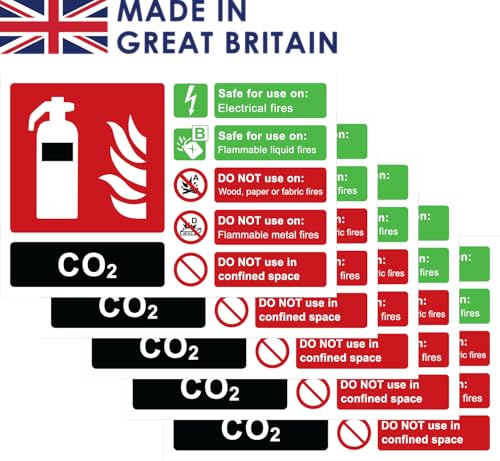Pack of 5, 165mm x 110mm CO2 Fire extinguisher label, self adhesive vinyl sign