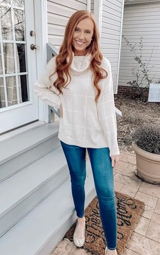 ECOWISH Women Fall Pullover Sweater Turtleneck Plaid Long Sleeve Loose Casual Chunky Checked Knit Winter Sweaters Jumper Tops3