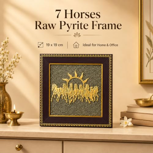 Image of 7 Horses on Raw Pyrite Frame, Vastu Wall Decor for Money & Success