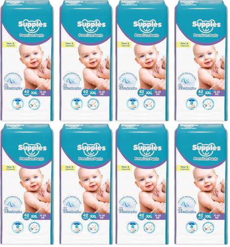 Image of Amazon Brand - Supples Premium Baby Diaper Pants | 84 Baby Diapers | XXL | 15-25 Kg | 42 x 8 Packs | 12 Hrs Absorption | Cushiony Cotton Soft Fabric | Phthalates-Free | Triple Leak Guard
