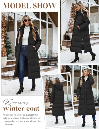 CMTOP Wintermantel Damen Lang Mit Kapuze Dicke Warme Winterjacke Extra Langer Winddicht Steppmantel Casual Wasserdicht Daunenmantel Elegant Lockerer Parka mit Schlitz(Schwarz, L)