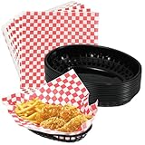 Rainmae Plastic Food Baskets with Deli Liners, 12 Fast Food Baskets, Oval Tray and Liners Reusable Chip Basket for Burgers, Sandwiches, Snacks, Candy Fruits, Restaurant Tray - Red Style