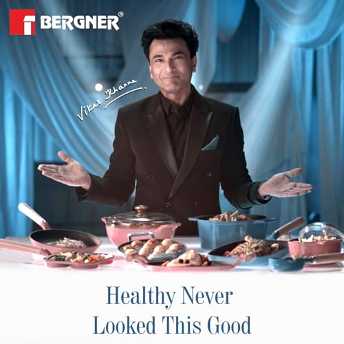Image of BERGNER Excalibur Lightweight Cast Iron Tadka Pan with Lid 12cm, Non-Stick Vaghar Pan, PFAS Free, Perfect Heat Distribution, Elegant Design, Silicone Grips - Induction and Gas Stove Ready (Blue)