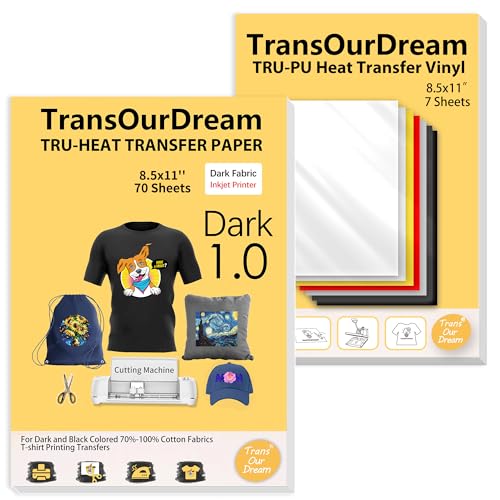 Image of TransOurDream Tru-Iron on Heat Transfer Paper for Dark Fabric (70 Sheets, 8.5x11 inch) Printable Iron on Transfers Paper for Inkjet Printer & Heat Transfer Vinyl for T Shirts (7 Sheets, 8.5x11 inch)