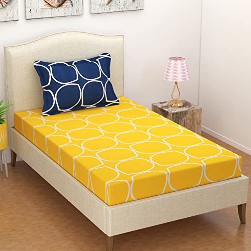 Image of Nirwana Decor Fitzy Fitted bedsheet Single Size, Elastic bedsheet,36x78 inches + 10 inches Drop, with 1 Pillow Cover (Fb-Navy-YellowChecks, 36 inch x 78 inch)