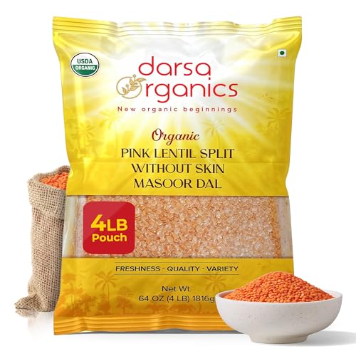 Image of Darsa Organics Red Lentils Masoor Dal - 4 lb USDA Certified Organic, Non-GMO, Gluten-Free, Whole & Split Pink Lentils, Chemical-Free, Rich in Protein and Fiber, Easy to Cook