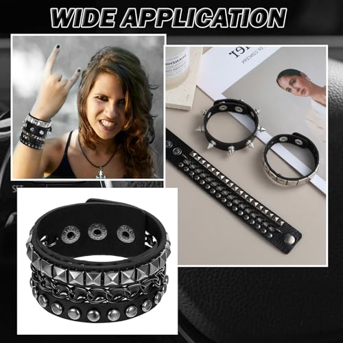 Punk Rock Studded Bracelet Set, Spiked Leather Cuff Bracelets for Women Men 80s, Gothic Adjustable Wristband Emo Accessories4