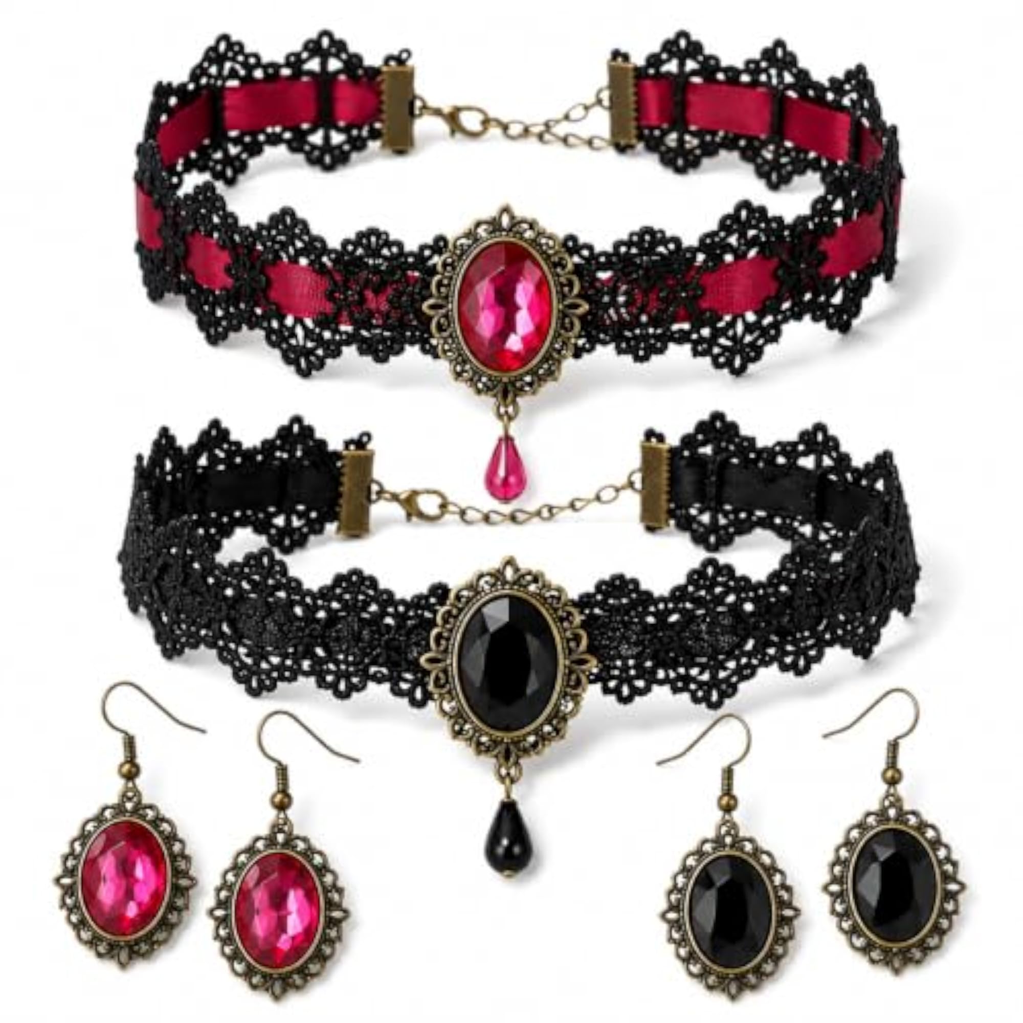 6-Pair Gothic Jewelry Set, Lace Choker Earring Kit