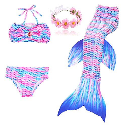 DAXIANG Fille 3pcs Nageoire de Sirene Maillots de Bain Mermaid Bikini Ensembles,Bleu Rose,8-9 Ans Cover