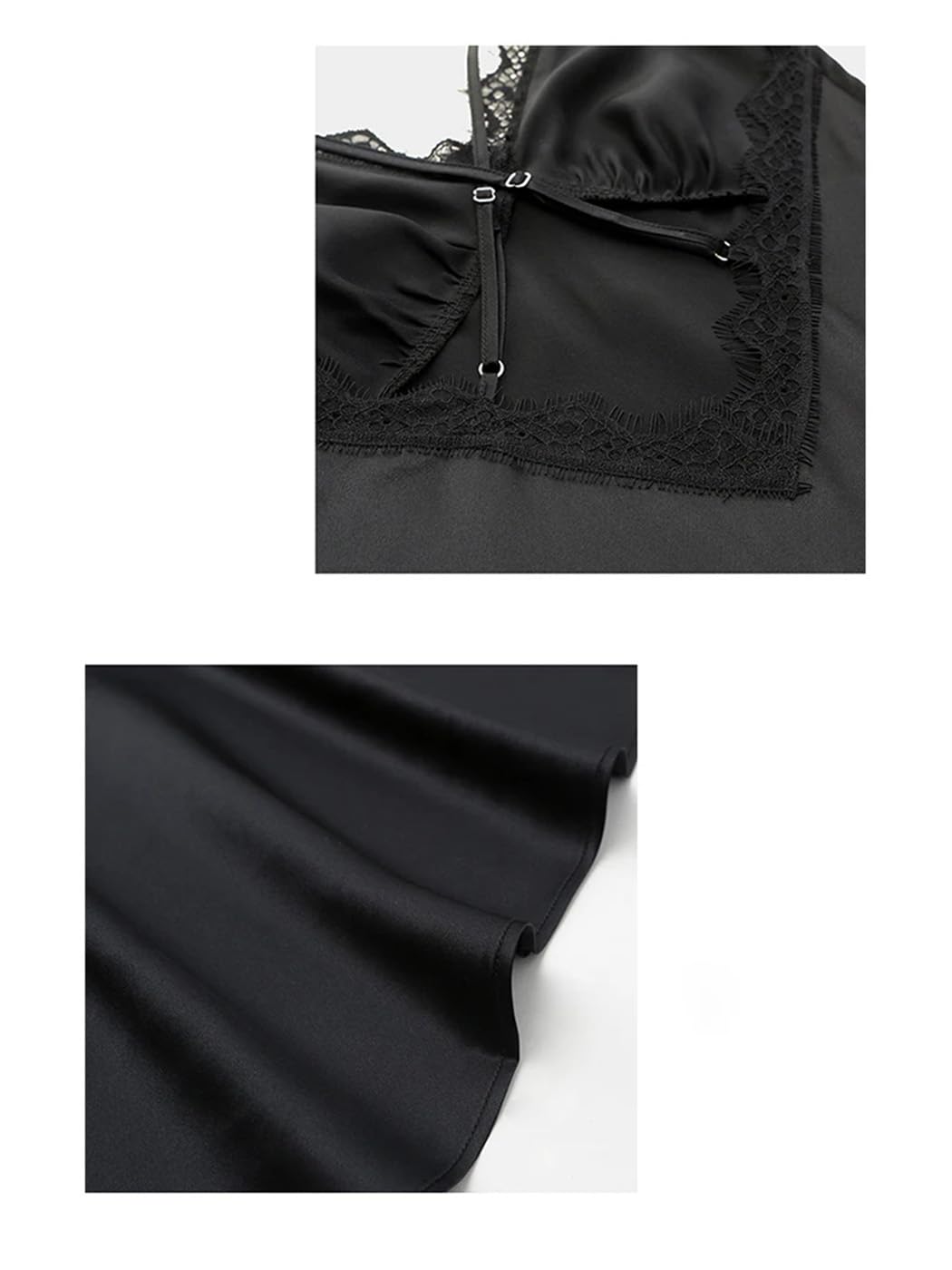 Camisón de Seda con Tirantes para Mujer, con Encaje y Escote en V (Negro M)