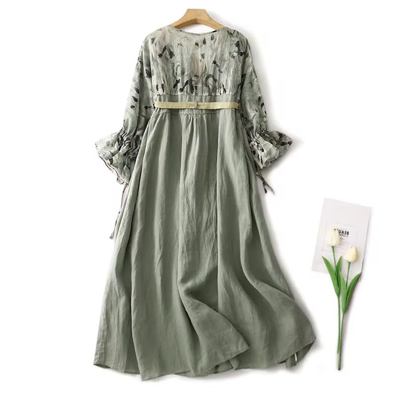 Robe style chinois patchwork en coton lin ample pour masquer les rondeurs