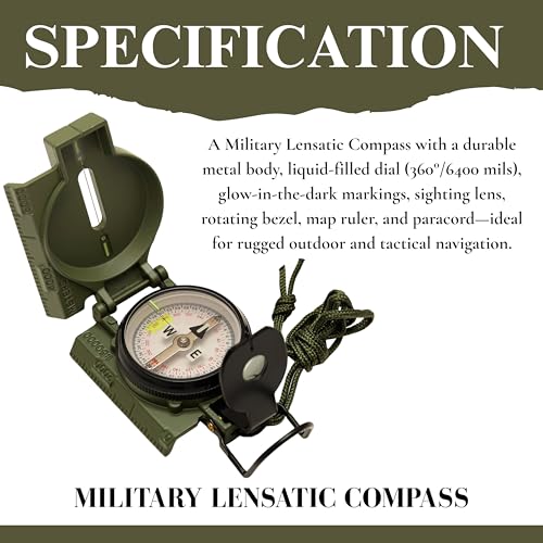 Military Lensatic Compass with Carrying Case | Model 27 Magnetic Compass for Hiking, Camping, Survival, Outdoor Navigation | Durable Army Green, 3.2 x 2.4 Inch, Tactical Orienteering Gear