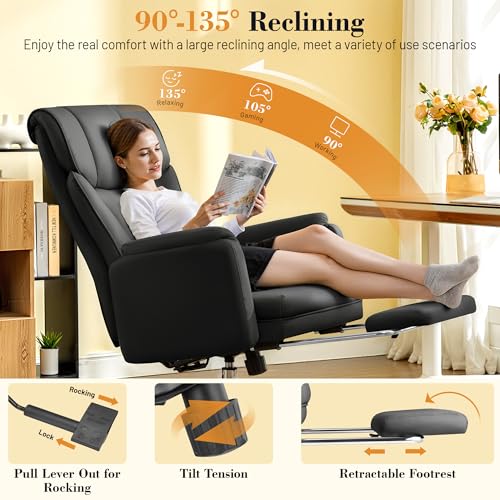 Image of FelixKing Big and Tall Office Chair, 400LBS Wide Leather Executive Chair, Reversible Armrest for Pets Criss Cross Legged, 135 Reclining High Back Gaming Desk Chair with Lumbar Support Footrest, Black