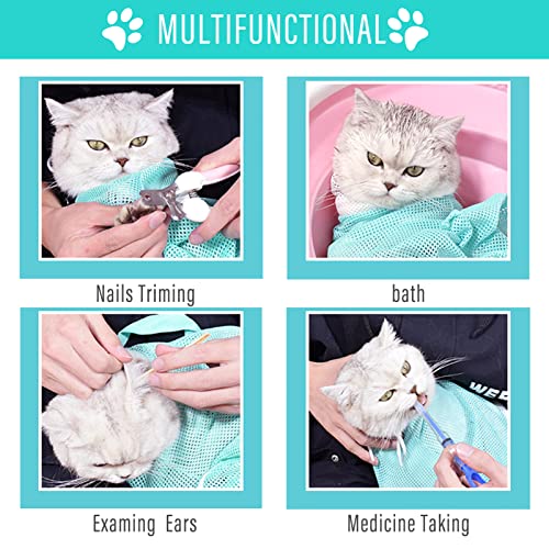Image of 2 Pieces Cat Bathing Bag Cat Shower Net Bag, Anti-Bite Anti-Scratch Adjustable Breathable Mesh Grooming Carrier Bag for Pets, Bathing, Nail Trimming, Feeding Medicine, Ear Clean (Gray-Blue)