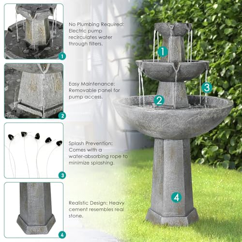 Image of SunJet 43.3 inch High 3-Tiers Modern Concrete Outdoor Water Fountain - Round Large Outdoor Fountains and Waterfalls for Garden, Patio, Yard, and Deck Decor, Featuring Natural Stone Look(43.3inch,Grey)