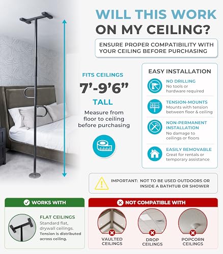 Image of Stander Double Handle Non-Rotating Floor to Ceiling Grab Bar, No-Drill Tension Mounted Transfer Pole for Seniors, Bath Safety & Bedside Assist Rail for Home Standing Support & Fall Prevention, Black
