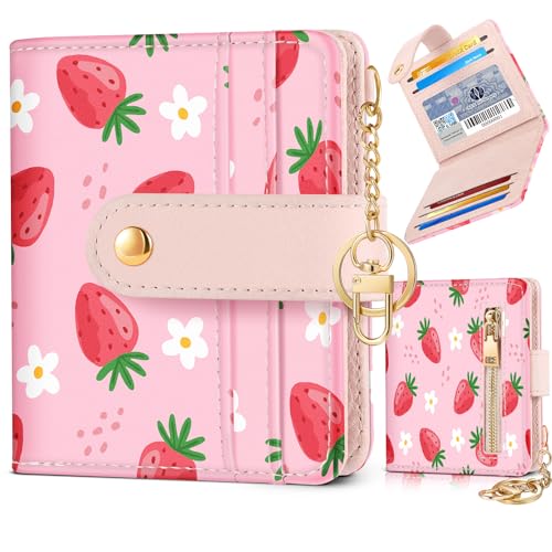 Image of Bistup Small Card Wallet for Women with Keychain, Strawberry | Clear ID Window, Compact Design for Daily Carry, Durable Material, Sturdy Keychain, Aesthetic