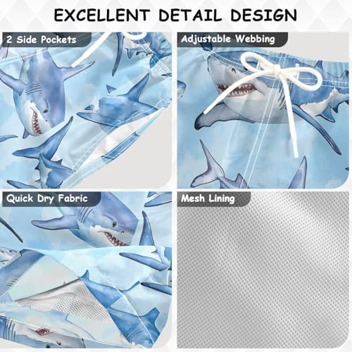 Pigsaly Boys' Swim Board Shorts Watercolor Sea Blue Sharks Boy's Swim Trunks Kids Swimwear 4T3