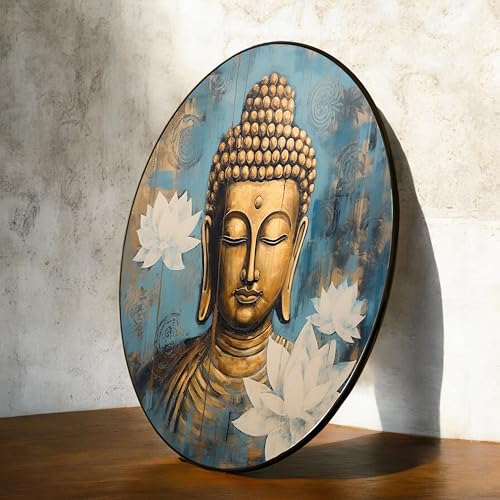 Image of PAINTINGMANTRA Framed Painting Meditating Lord Buddha with Lotus Round Large Wall Art for Living Room Decoration, Circular Gold Metal Finish Stylish Large Wall Art Print for Wall Decor (22x22 Inches)