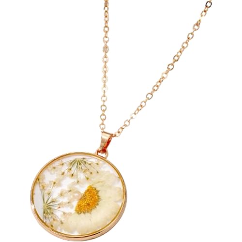 KIFEDSLJ Dried Flower Necklace Pressed Natural Flower Sunflower Daisy with Thick Glass Pendant Necklace for Women Jewelry