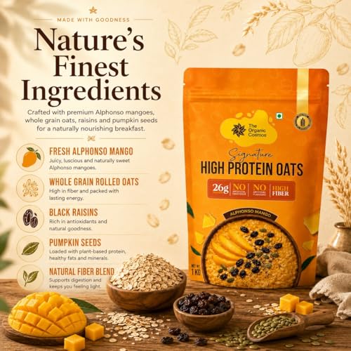 Image of The Organic Cosmos Signature High Protein Oats | 26g Protein | Alphonso Mango Flavour | Gluten Free | High Fiber | No Artificial Sweetener | No Artificial Flavours | 1kg