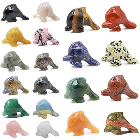 Wemeki Gemstone Dolphin Figurine Mix 6PCS, Hand Carved Dolphin Statue Natural Polished Gemstone Dolphin Animal Figurines Healing Crystals Good Lucky Dolphin Decorations Cover