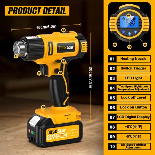 Taskstar Heat Gun With Two 4.0Ah Battery,21V Cordless Heat Gun 122℉-1022℉ Fast Heating Soldering,Hot Air Gun Kit With Lcd Digital,6 Nozzle thumb #6