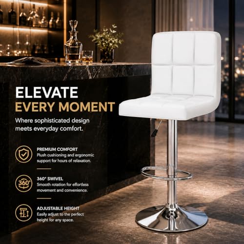 Image of Kemon KaiMeng Modern Adjustable Swivel Bar Stool Chair with Backrest, PU Leather Hydraulic Counter Stool with Footrest for Kitchen Island, Cafe & Home Bar, White, Square Tufted Back Stool