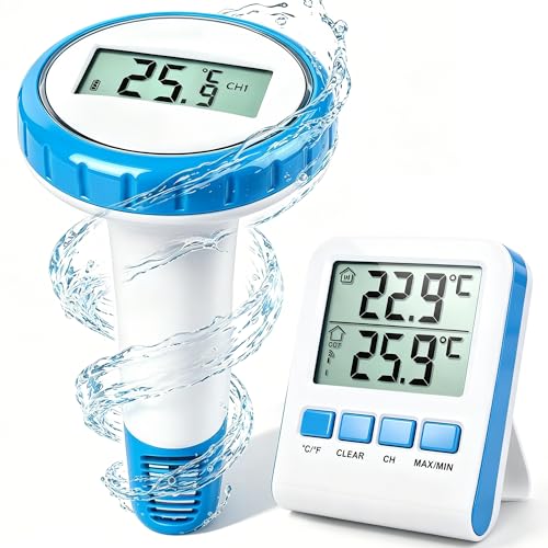 Pool Thermometer Funk Digitale Poolthermometer Schwimmend Schwimmthermometer mit IPX8 Wasserdicht 3-Kanal Wasserthermometer Innen Auße für Pool Badewanne Aquarium Whirlpool und Spa