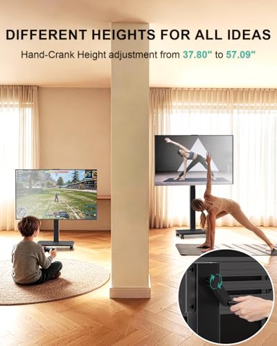 Image of WALI Rolling TV Stand with Hand Crank Lift, Mobile Tall Television Stand Mount on Wheels for 30-70 inch TVs up to 110 lbs, Swivel Height Adjustable TV Cart with Wood Base for Bedroom(TVDVD-7MR), Black