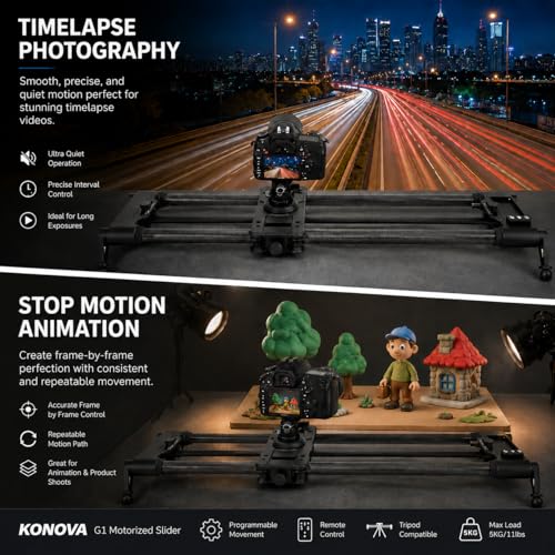 Image of KONOVA G1 Motorized Camera Slider, Bluetooth App Controlled Motion Control Slider for DSLR & Mirrorless Cameras, Carbon Fiber Rail, Time Lapse, Stop Motion, Tracking & Panorama Shots (120cm (47.2 inch))